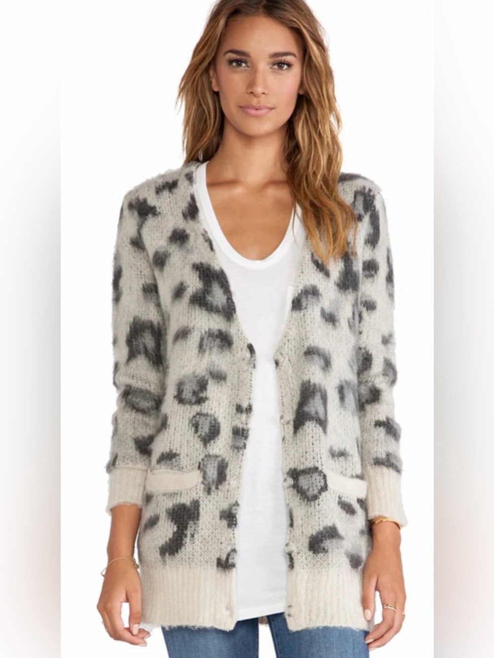 Free people Cozy Leopard-Print Open Cardigan Sweater - Cream & Gray